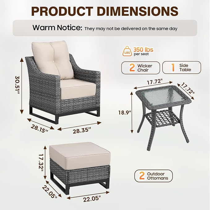 5 Piece Patio Furniture Set, Comfortable Seating Wicker Chairs Set of 2,Outdoor Side Tale and 2 Ottomans, All-Weather Wicker Patio Set with 6 Inch Thick Cushions for Porch Deck Balcony Garden