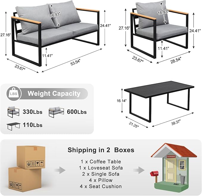 VINGLI Outdoor Metal Patio Furniture Sets 4-Piece, Sectional Outdoor Conversation Sets w/Iron Coffee Table, Patio Couch with Removable Cushion for Porch, Garden, Poolside