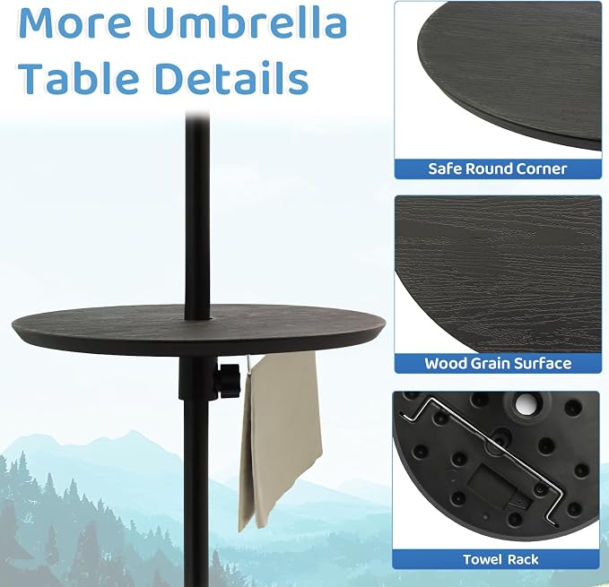 Outdoor Adjustable Umbrella Table Tray, 20” Round Outdoor Umbrella Table with Hole, Portable Patio Beach Umbrella Table Tray Fit 1.5" Umbrella Pole for Poolside, Backyard, Garden, Black