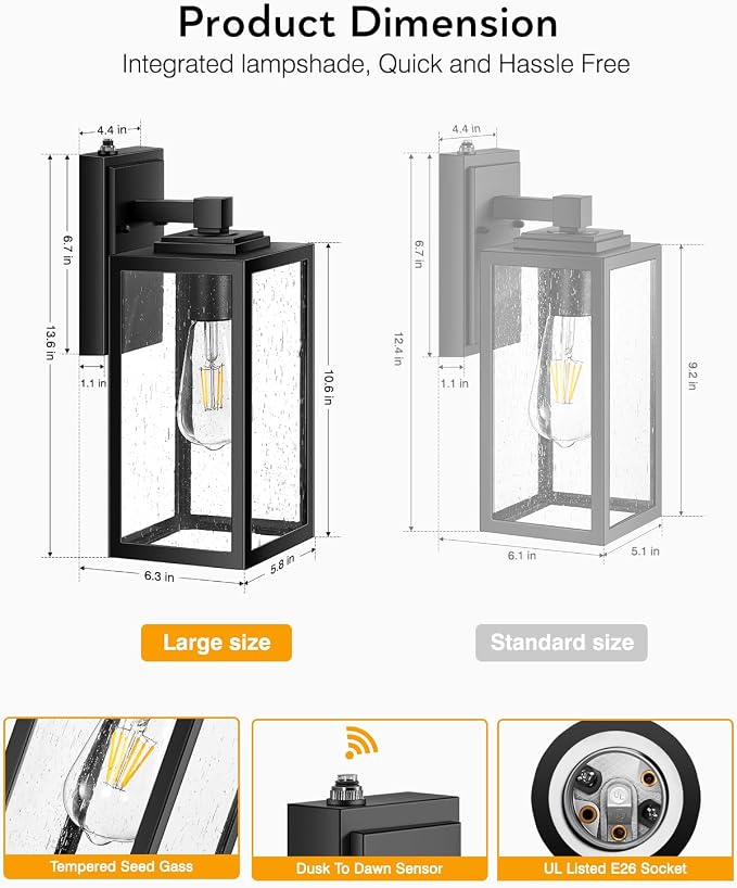 VIANIS Large 2 Pack Outdoor Wall Lights, Dusk to Dawn Black Exterior Garage Lighting Fixture Wall Mount Sconces, Modern Front Porch Lanterns Outside Lights for House, Waterproof Coach Lights Outdoor