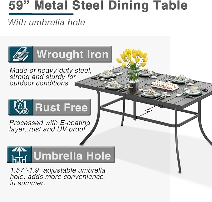 PHI VILLA 7 Piece Patio Dining Set, Rectangular Metal Table | Metal chairs, Fixed Chair, Umbrella Hole, adjustable, Cushions, powder-coated, 300 lb chair capacity