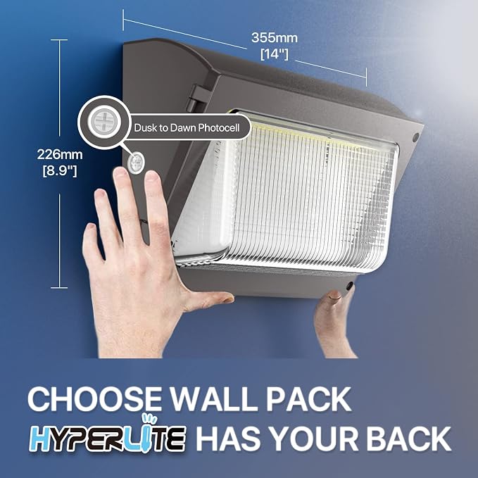 HYPERLITE LED Wall Pack Light 120W with Dusk to Dawn Photocell and Glass Lens LED Security Flood Commercial and Industrial Outdoor LED Wall Lights Out Door for House Warehouses UL Listed