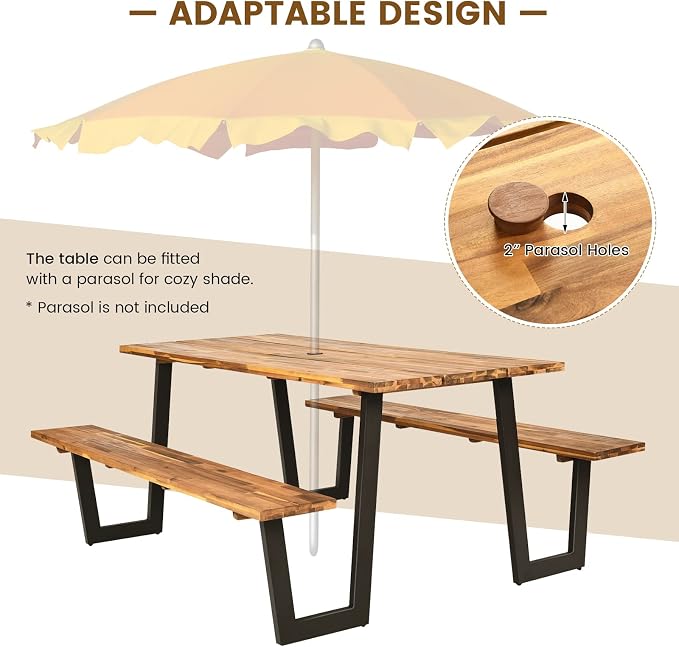 Tangkula Patented Wooden Picnic Table, Outdoor Acacia Wood Picnic Table with 2 Built-in Benches, Umbrella Hole, Steel Frame, Outside Table and Bench Set for Garden, Backyard, Porch, Patio