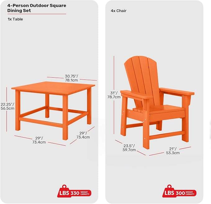 Costaelm Paradise Kids 5-Piece HDPE Outdoor Square Patio Dining Table and Chairs Set, Orange