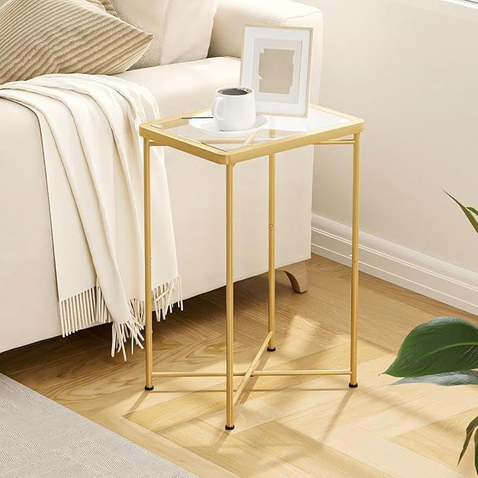 Garden 4 you Small Side Table, Glass End Table Set of 2, Gold Outdoor Side Table with Metal Frame, Mini Bedside Table for Living Room, Bedroom, Patio, Small Space, 2pcs