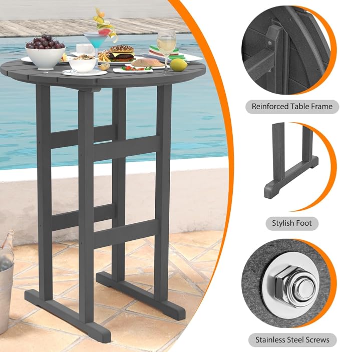Sundale Outdoor Adirondack Round Bar Table, 39 Inch Height Patio Large Pub Table for 4, All Weather HDPE High Top Bistro Counter Tabl for Outside Deck Porch Balcony Poolside, Gray