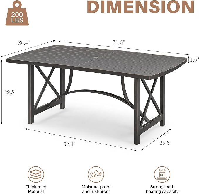 Never-Rust 72" x 36" Outdoor Table, Rectangular Aluminum Patio Table for 6 Person with Umbrella Hole, Heavy-Duty Indoor/Outdoor Table for Garden, Poolside, Backyard, Black