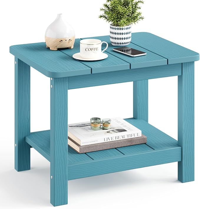 18" Outdoor Side Table, 2-Tier Patio Side Table, Weather Resistant, Easy Assembled, HIPS Adirondack Side Table for Backyard, Pool, Indoor (Lake Blue)