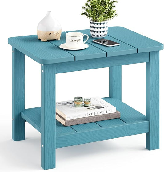 18" Outdoor Side Table, 2-Tier Patio Side Table, Weather Resistant, Easy Assembled, HIPS Adirondack Side Table for Backyard, Pool, Indoor (Lake Blue)