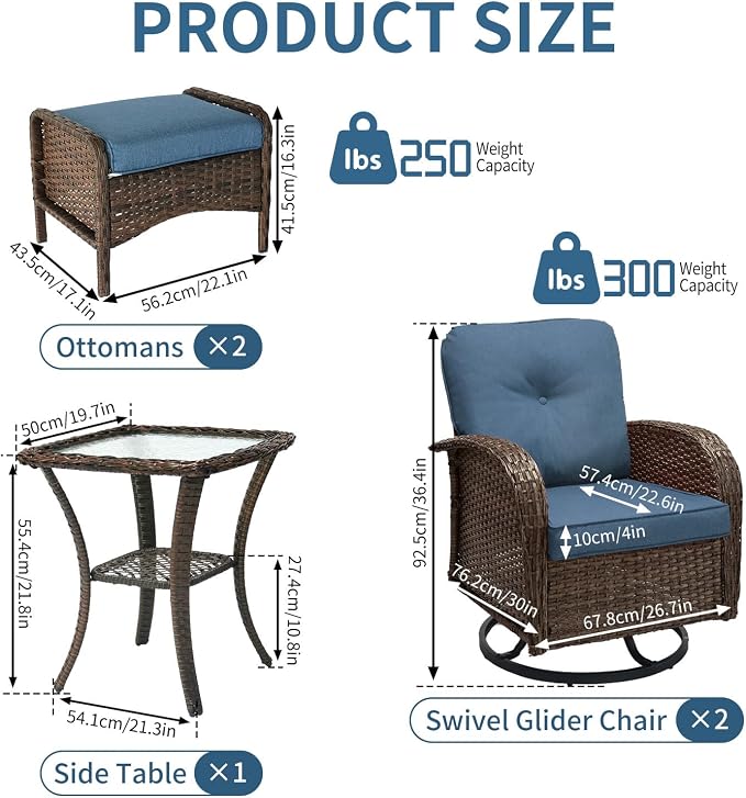 Outdoor Swivel Rocker Patio Chairs (Brown Wicker/Blue Cushion, 5PC/Swivel & Side Table & Ottomans)
