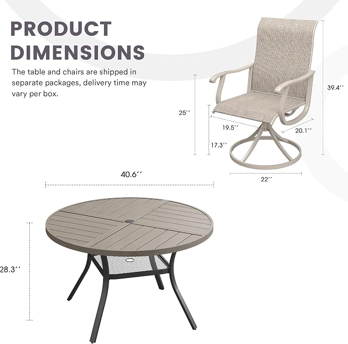 5 Pieces Patio Furniture Dining Set, 4 Textilene Swivel Dining Chairs, 41" Outdoor Round Metal Table with Storage Shelf and 1.57" Umbrella Hole, Outdoor Dining Set for Porch, Lawn, Grey/Sand