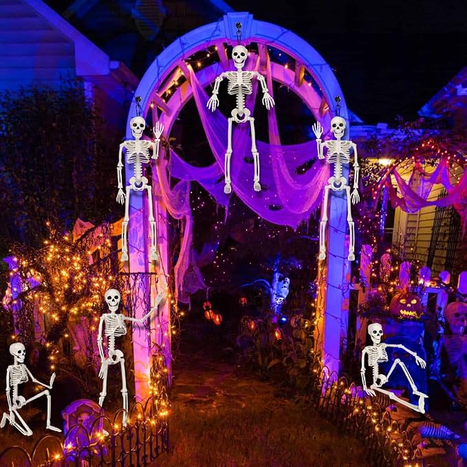 XIMISHOP 8pcs Posable Halloween Hanging Skeleton Decoration, 16" Full Body Skeleton With Movable Joints for Graveyard Haunted House Decor Indoor Outdoor