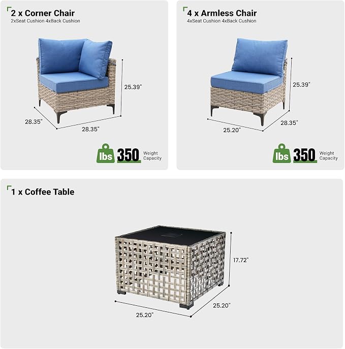 7 Piece Outdoor Patio Furniture with Glowing Coffee Table, Rattan Wicker Conversation Set with Sofa, Sectional Single Chairs for Outside Porch Balcony Backyard Pool,Light Blue