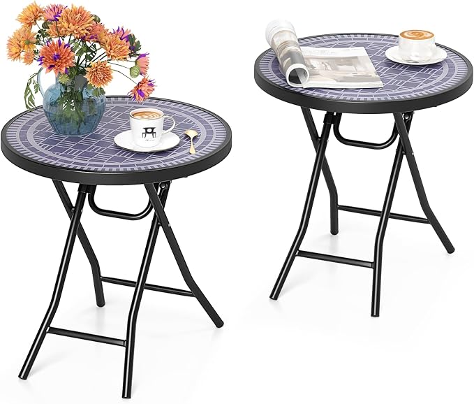 Tangkula Round Folding Side Table, 18 Inch Patio Coffee Table with Tempered Glass Tabletop and Metal Frame, Indoor Outdoor Small Side Table for Yard, Balcony, Porch, Poolside (Grey,2)