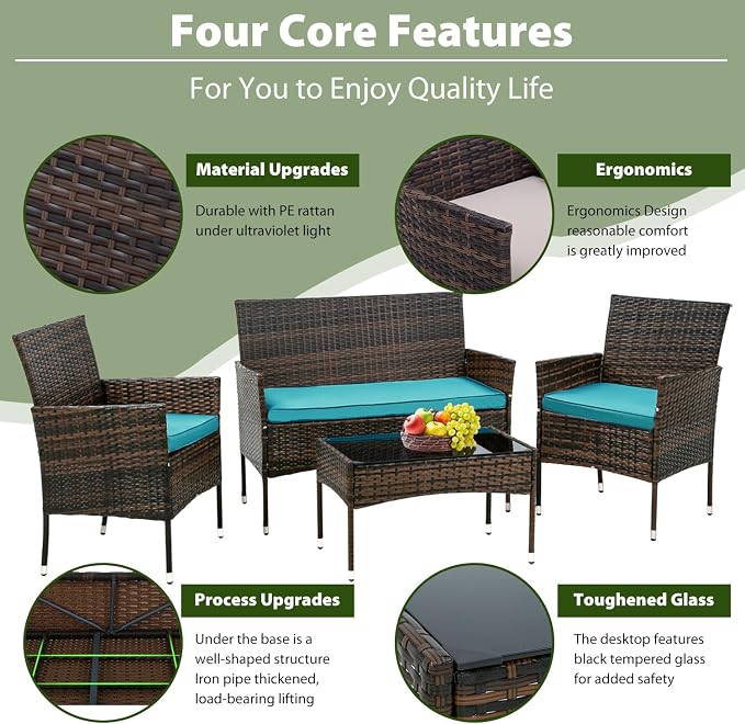 PayLessHere Outdoor Furniture Set 4 Pcs Modular Patio Furniture Set Water Resistant Conversation Set with 3 Rattan Chairs 1 Tempered Glass Topped Table for Patio Poolside, Brown Wicker/Blue Cushions