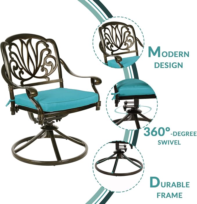 MEETWARM 5-Piece Outdoor Patio Dining Set, All-Weather Cast Aluminum Patio Conversation Set for Backyard Garden Deck with 4 Cushions Swivel Rocker Chairs and 35.4" Round Table, Ocean Blue