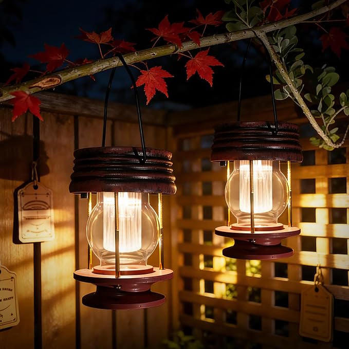 Solar Lanterns Outdoor Patio Decor, 2 Pack Large Hanging Solar Lights Waterproof, 30LM Bright Retro Decorative Table Lamps with Warm Glow for Porch, Yard, Garden, Pathway & Backyard Decoration