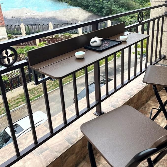 Balcony Railing Table, Heavy-Duty Adjustable Outdoor Tray with Quick Clamp – No Drill Industrial Metal Desk for Railings, Weatherproof Foldable Bar Table for Patio, Deck, Plants & Drinks(47.2''L)