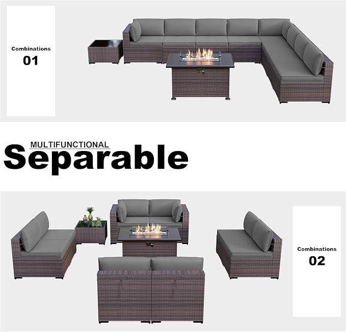 Kullavik 10 Pieces Outdoor Patio Furniture Set with 43" Gas Propane Fire Pit Table PE Wicker Rattan Sectional Sofa Patio Conversation Sets,Grey