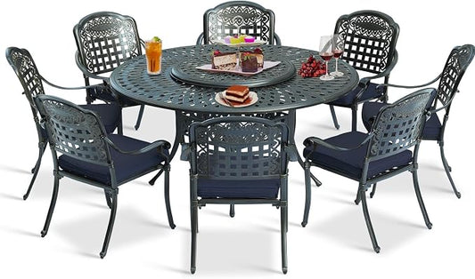 9-Piece Patio Cast Aluminum Dining Set, Outdoor Dining Furniture Set for 8 Person, Includes 8 Cushioned Chairs and 61" Large Round Dining Table W/ 31" Lazy Susan, Umbrella Hole, Navy Blue