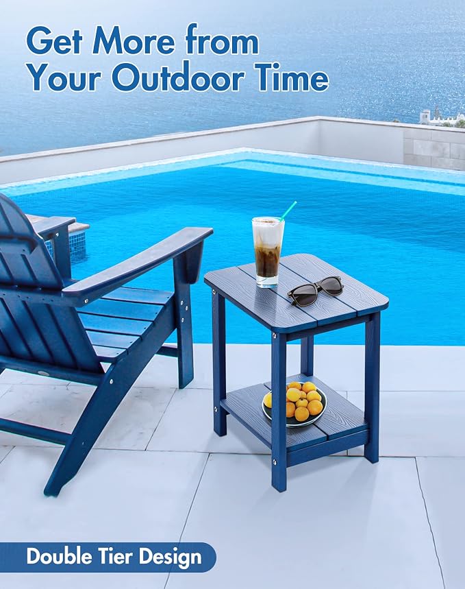 Tikea Adirondack Outdoor Side Table, 2-Tier 16.7" End Table for Patio Pool Porch, All Weather Resistant Outdoor Patio Furniture Navy Blue