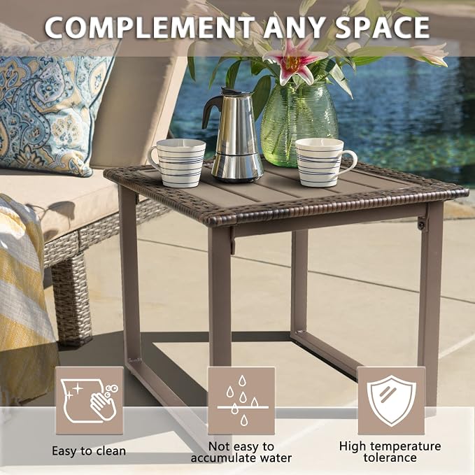 Wicker Outdoor Side Table for Patio Set of 2, 2 PCS Square Rattan Outdoor End Tables for Outside Porch Lawn Garden Balcony Pool Bistro, Brown