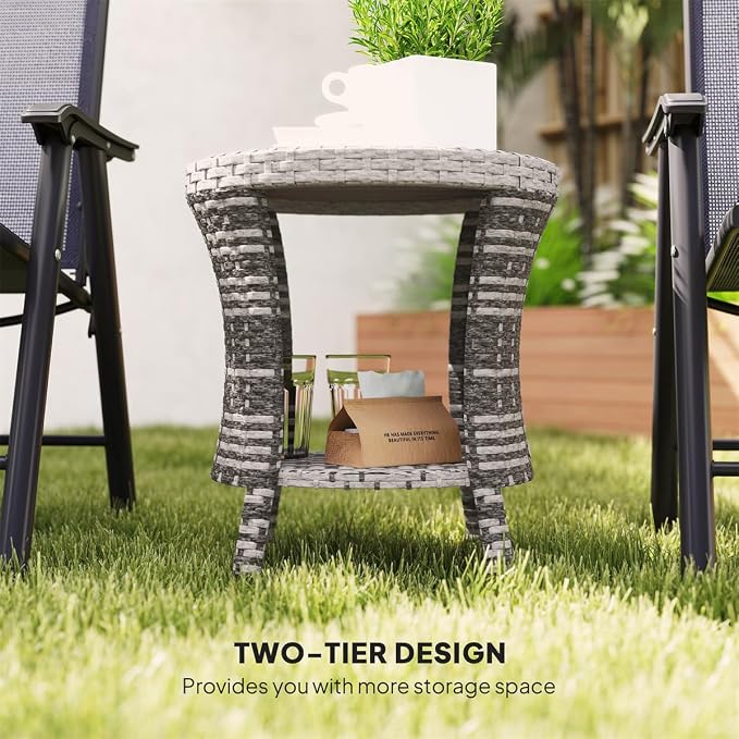 Outdoor Rattan Side Table with 2-Tier Storage, 18.1" Hourglass Shape Outdoor End Table, PE Wicker Bistro Coffee Table with Wood-Plastic Composite Top for Patio Garden Balcony, Light Gray