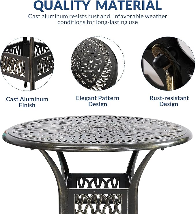 5-Piece Outdoor Patio Dining Set, All-Weather Cast Aluminum Patio Table Set, Include 4 Chairs and a 35.4 inch Round Table w/Umbrella Hole for Balcony Garden Backyard