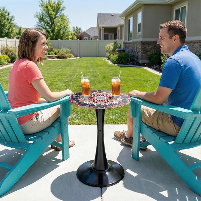 13.4" Outdoor Side Table, Round Patio Bistro Table Printed Tempered Glass Top, Waterproof Rust-Proof Base, Small Plant Stand for Balcony, Garden, Deck, 21.6" H (Ochre Color)