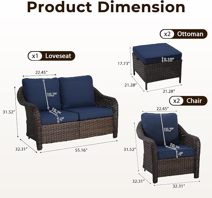 5 Piece Patio Wicker Conversation Set, All-Weather Use Outdoor Wicker Loveseat with 2 PE Rattan Ottomans,2 Chair, Ideal for Porch, Backyard, Balcony, Poolside, Blue