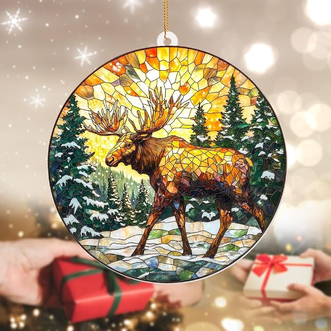 Stained Glass Style Acrylic Moose Ornament 2025 - Rustic Cabin Christmas Tree Ornament, Wildlife Suncatcher Window Hanging, Winter Holiday Decor Gift for Nature & Outdoor Lovers, Shatter(Sun-23)