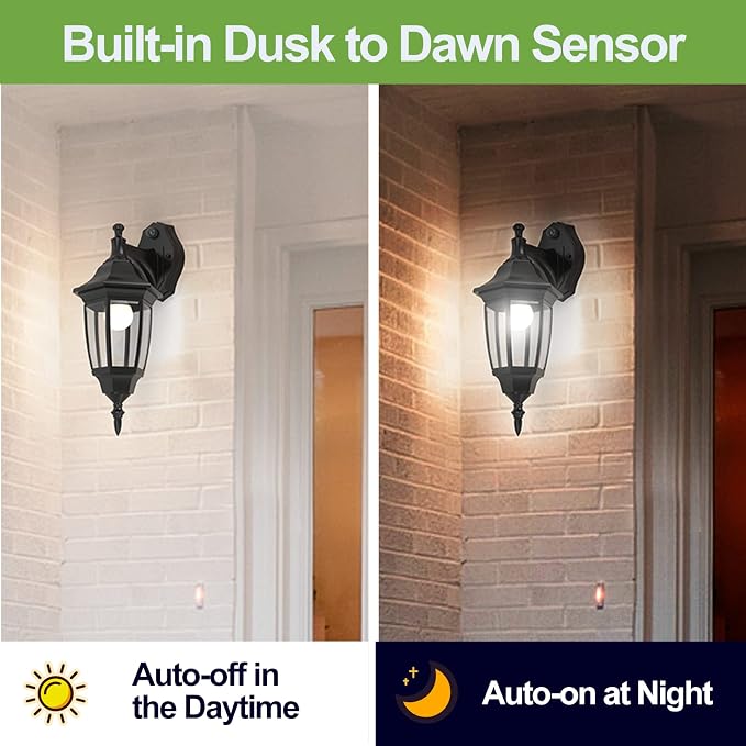 EMART Dusk to Dawn Plastic Outdoor Wall Light Fixtures(2 Pack, Black) | Include Bulbs, Waterproof and Anti-Corrosion, Wall Mount Porch Sconces for Outside, Garage, Front Door, House, Patio