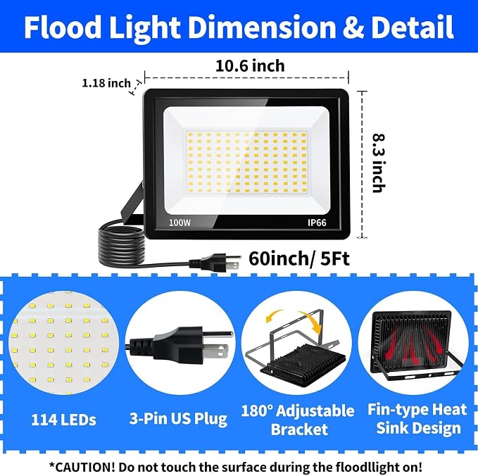 2 Pack 100W LED Flood Light, IP66 Waterproof | 12000LM, 5000K Daylight White, Plug in with 5ft Cord, Outdoor Exterior Lighting, for Yard, Garage, Patio, Backyard