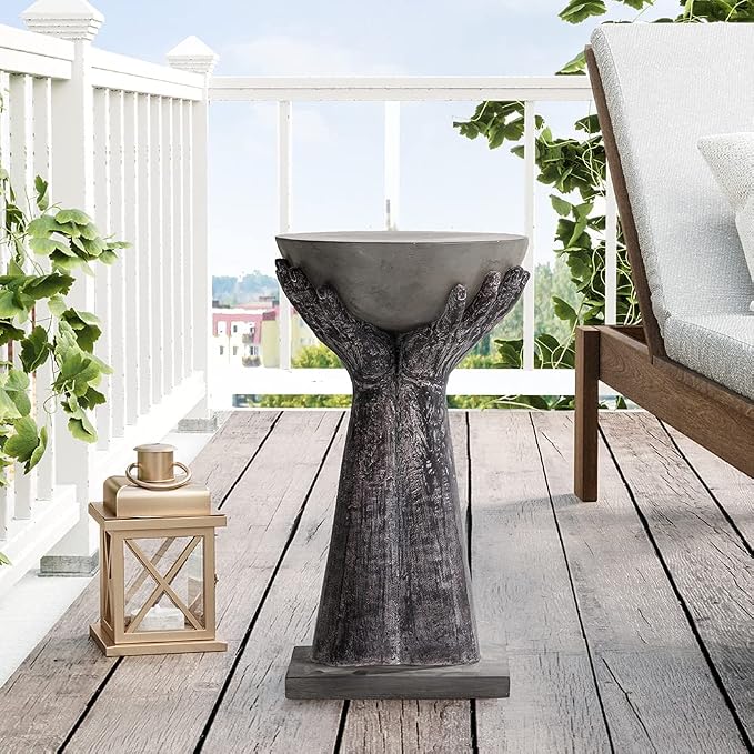 HOMPUS Outdoor End Table, Modern Concrete Side Table 24" H, Round Accent Coffee Table w Two Hands Base, Unique Home Décor for Living Room, Backyard, Balcony or Outdoor
