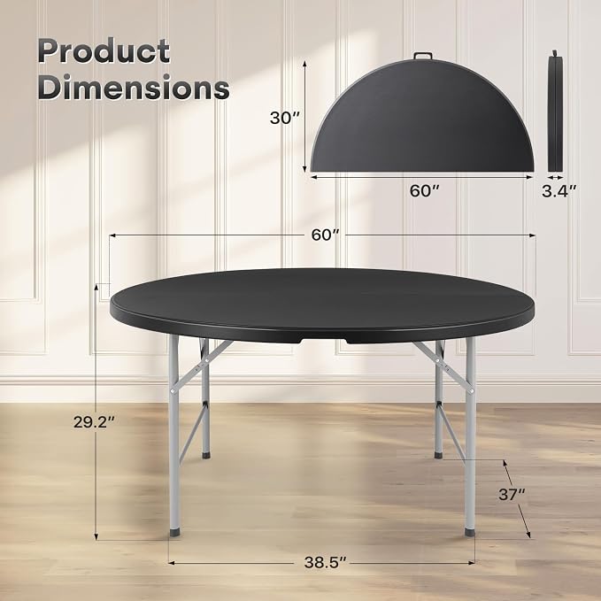Athena Collection 5ft Folding Table, Portable Plastic Round Table Foldable Card Table, Indoor Outdoor Collapsible Craft Desk Dining Table with Lock & Handle for Commercial Event Party Camping, Black