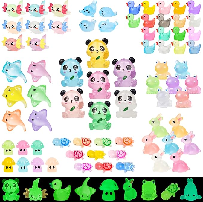 120 Pcs Luminous Mini Resin Animals Glow in The Dark Miniature Figurines | Small Little Tiny Plastic Duck Panda Animal Figures, DIY Crafts Micro Landscape Decoration Fairy Garden Accessories