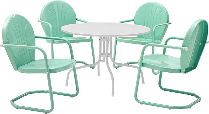 Crosley Furniture Griffith 5-Piece Outdoor Dining Set for 4, Retro Metal Round Patio Table and Chairs, White and Aqua