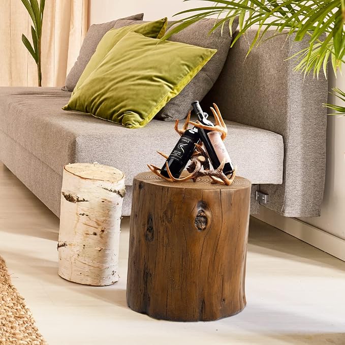 SUNBURY 15" W Stump Side Table Set of 2, Concrete Side Table Garden Stool, Walnut Tree Stump, Plant Stand Holder for Garden Household Living Room