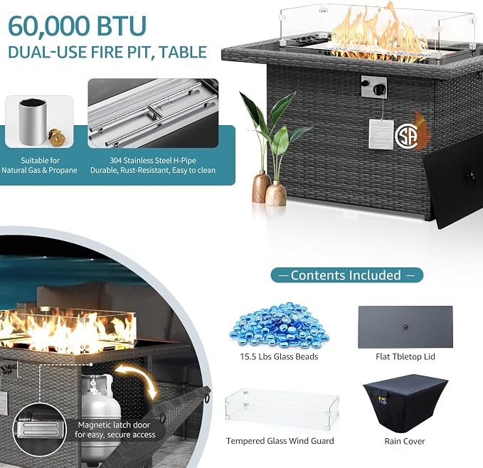 NICESOUL 15 Piece Patio Furniture Set with Fire Pit, Oversized Large Outdoor Sectional with Fire Pit, 500 lbs High Weight Capacity Wicker Deck Seating for 12, Gray & Teal