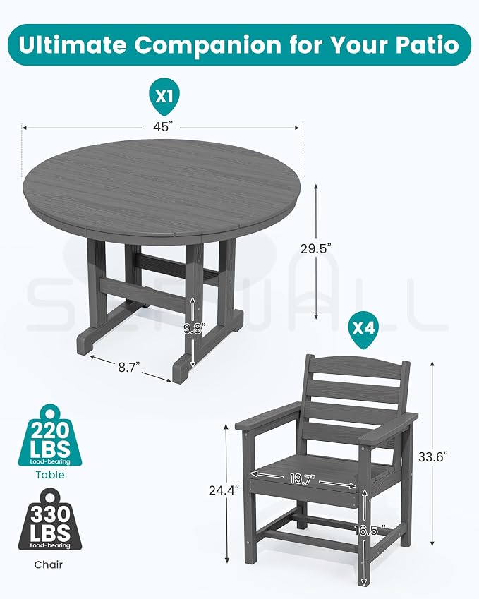 SERWALL 6-Piece Patio Dining Sets, HDPE Outdoor Table and Chairs Furniture Set with Umbrella, 45" Round Dining Table & 4 Dining Chairs & 1 9FT Umbrella, Gray(Not Include Umbrella Base)