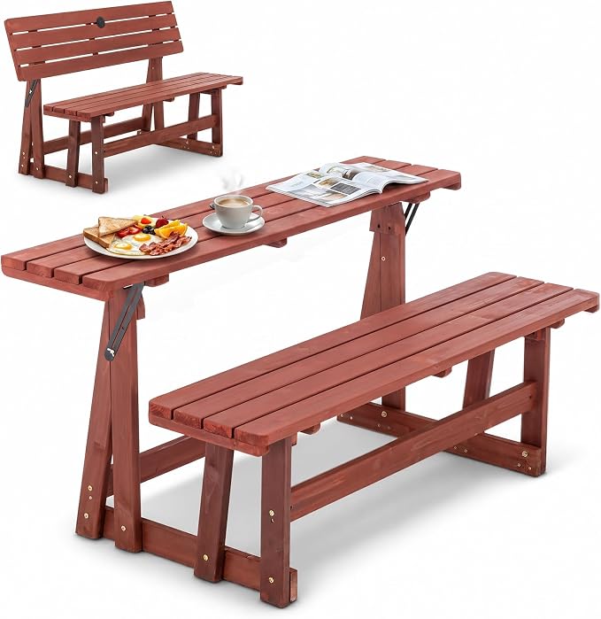 2-in-1 Convertible Bench Picnic Table - Outdoor Folding Dining Set w/Backrest & Umbrella Hole. Solid Wood, Waterproof & UV-Resistant - Ideal for Backyard, Patio, Garden & Parkway