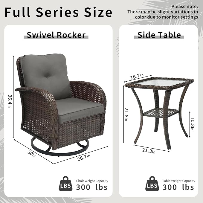Outdoor Swivel Rocker Patio Chairs 3 Pieces，Swivel Patio Chairs with Cushions，Outdoor Swivel Rocking Chairs Set of 2 with Rattan Side Table，Patio Furniture Set for Outside Porch Deck