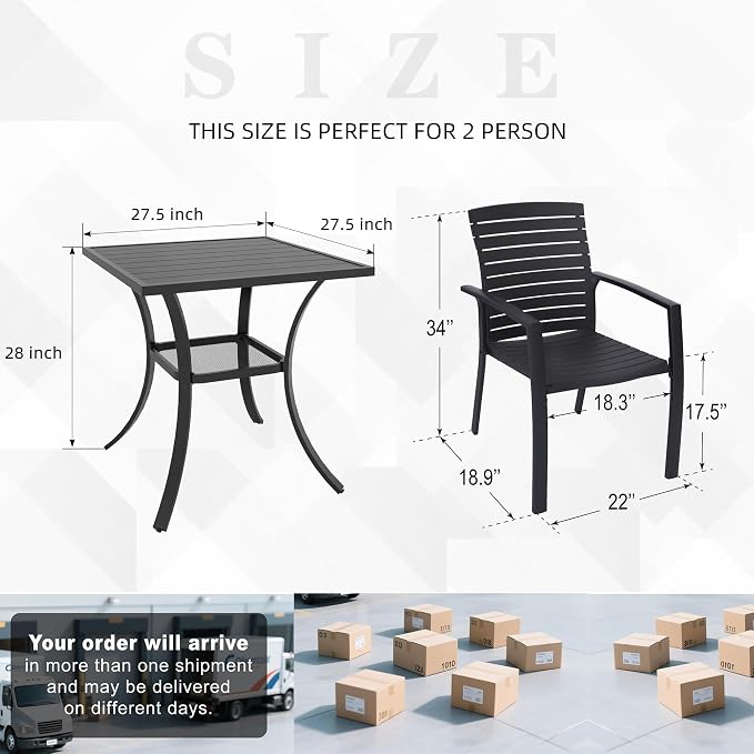 Outdoor Patio Aluminum Chairs and 27.5" Square Table Small Dining Set of 3 | Aluminum Frame Chairs, Resin Chair Seat, Resin Chair Back, 2 Piece Chairs, 1 Piece Black Metal Square Table