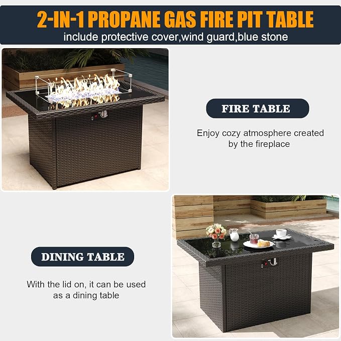 7 Pieces Outdoor Patio Furniture Set with Fire Pit Table, Wicker Patio Sectional Set Conversation Wicker Swivel Chairs with Small Side Table