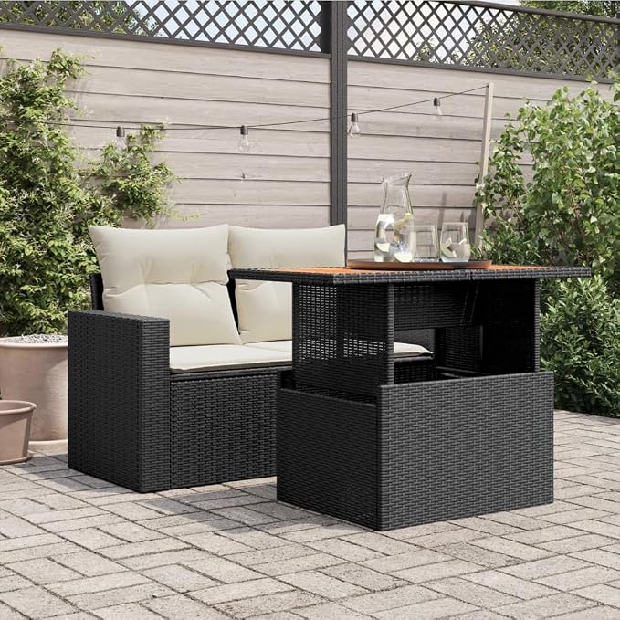 Outdoor Garden Table 39.4x21.7x28.7 Inch Poly Rattan and Acacia Wood Adjustable Coffee Dining Table for Patio Backyard