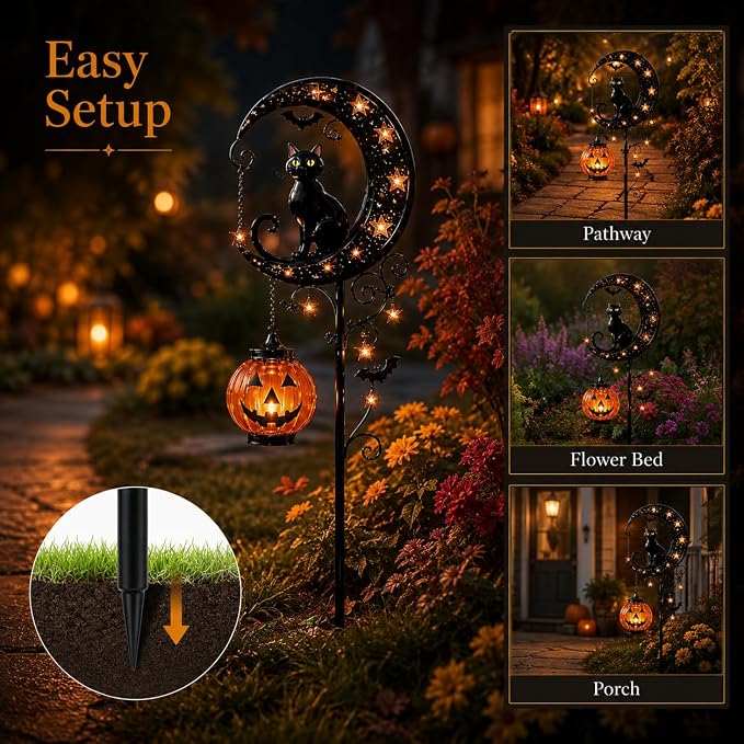 Solar Halloween Black Cat & Pumpkin Moon Garden Stake Light, Outdoor Waterproof LED Yard Decoration with Crescent Moon, Hanging Jack-o'-Lantern Lantern for Garden, Patio, Walkway, Porch(Style B)