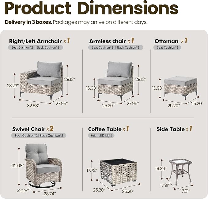8-Piece Wicker Outdoor Sectional Furniture, Wide Armrest Patio Couch with Swivel Rocking Chair Ottoman Solar Table, Modular Sofa Rattan Conversation Sets for Backyard Deck Garden, Dark Gray