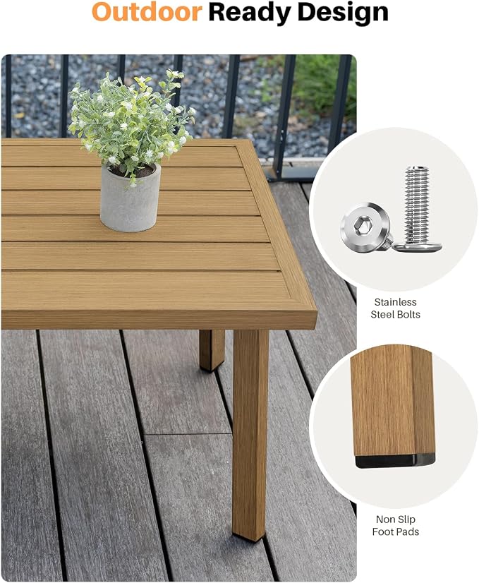 Patio Coffee Table, Never-Rust Aluminum Outdoor Coffee Table with Wood Grain Texture, Modern Rectangle Garden Coffee Table with Slatted Tabletop for Porch, Decks, Indoor, Balcony, Teak