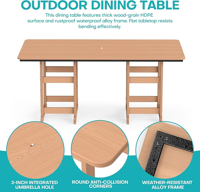 7-Piece Dining Set, HDPE Table & 6 Chairs,Cedar | HDPE Dining Set: 69.1" Table + 6 Chairs, 380 lbs, 304 Stainless, All-Weather, No Rust No Crack, Outdoor Patio Garden
