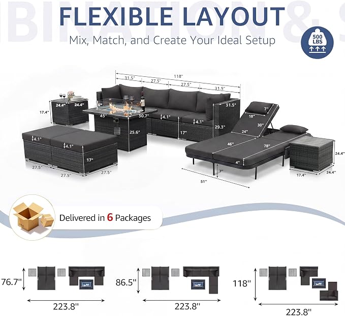 NICESOUL 11 Piece Sectional Outdoor Set with Chaise Lounge, Modern Large Backyard Seating with Firepit, 29.3'' High-Back Deep Patio Couch Sofa, Heavy Duty All-Weather Wicker Furniture for Deck, Grey